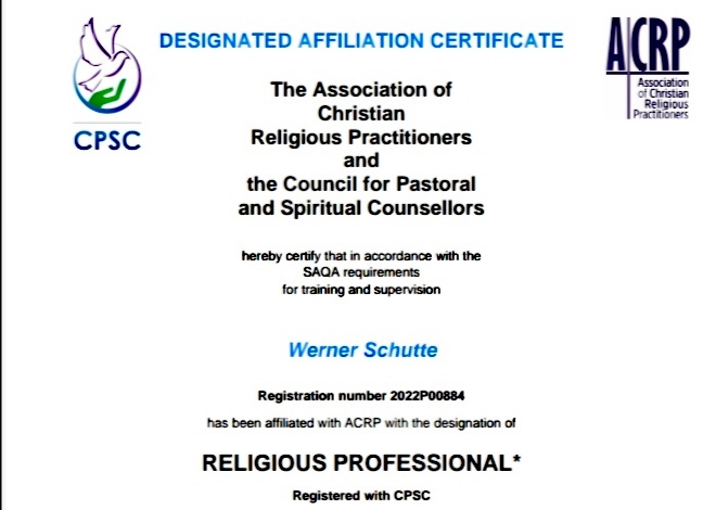 Designated affiliation certificate for Werner Schutte from the Association of Christian Religious Practitioners and the Council for Pastoral and Spiritual Counsellors